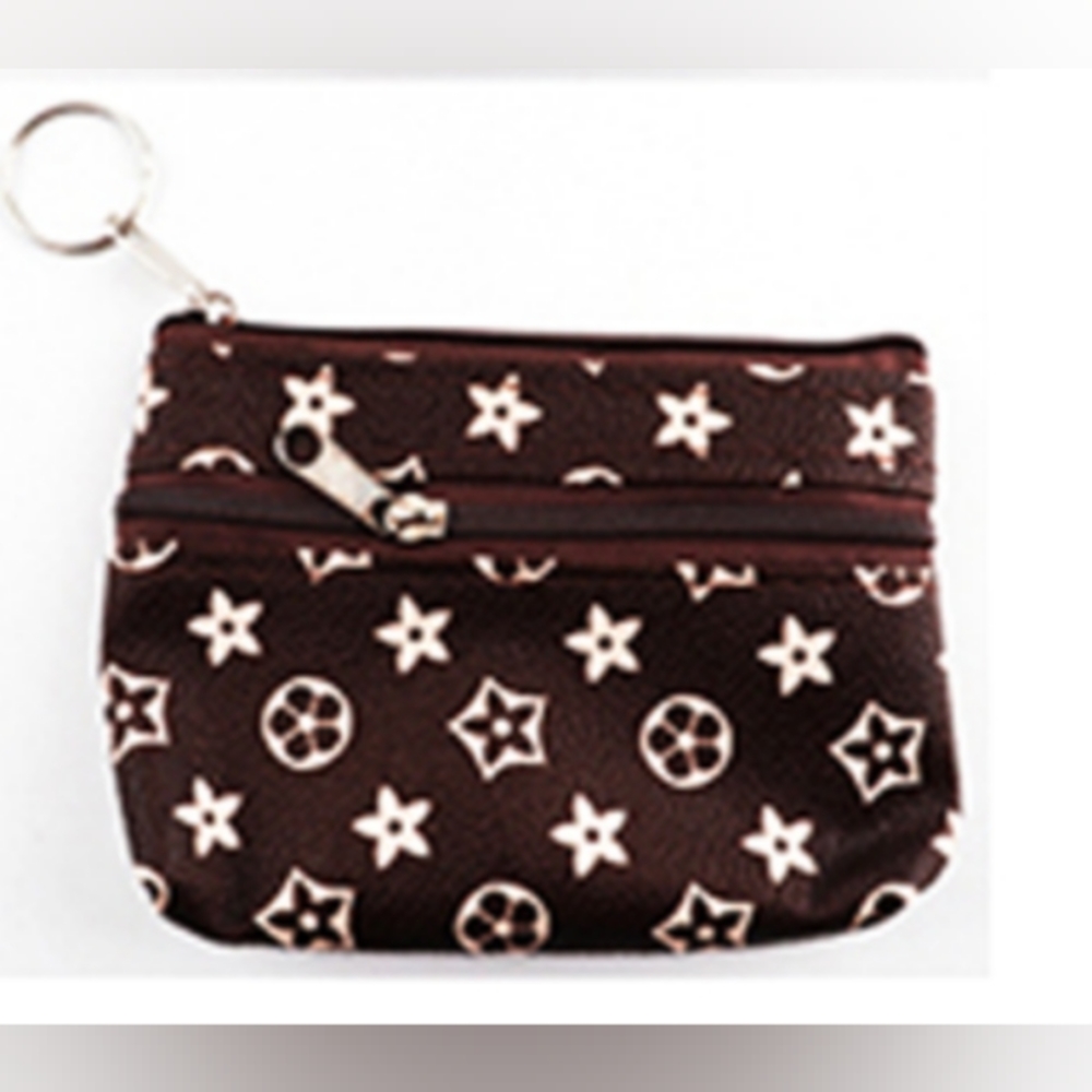 Flower pattern Faux leather Keychain coin purse Brown